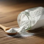 pot de terre de diatomée alimentaire blanche renversé sur un plan de travail en bois avec une pincée sur le doigt