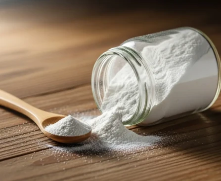 pot de terre de diatomée alimentaire blanche renversé sur un plan de travail en bois avec une pincée sur le doigt