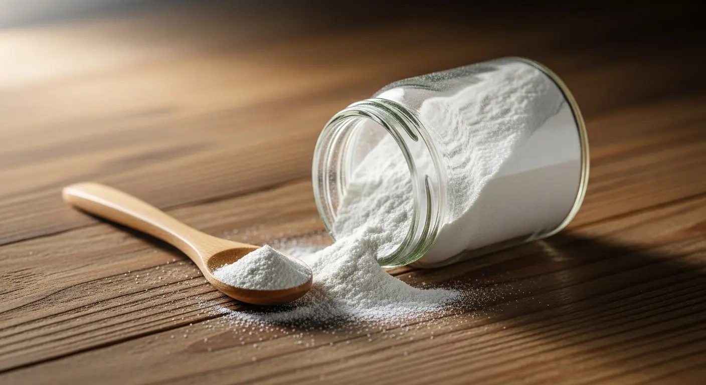 pot de terre de diatomée alimentaire blanche renversé sur un plan de travail en bois avec une pincée sur le doigt