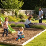 Enfants jouant dans un jardin entretenu avec une zone de paillage protectrice contre les tiques