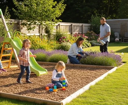Enfants jouant dans un jardin entretenu avec une zone de paillage protectrice contre les tiques