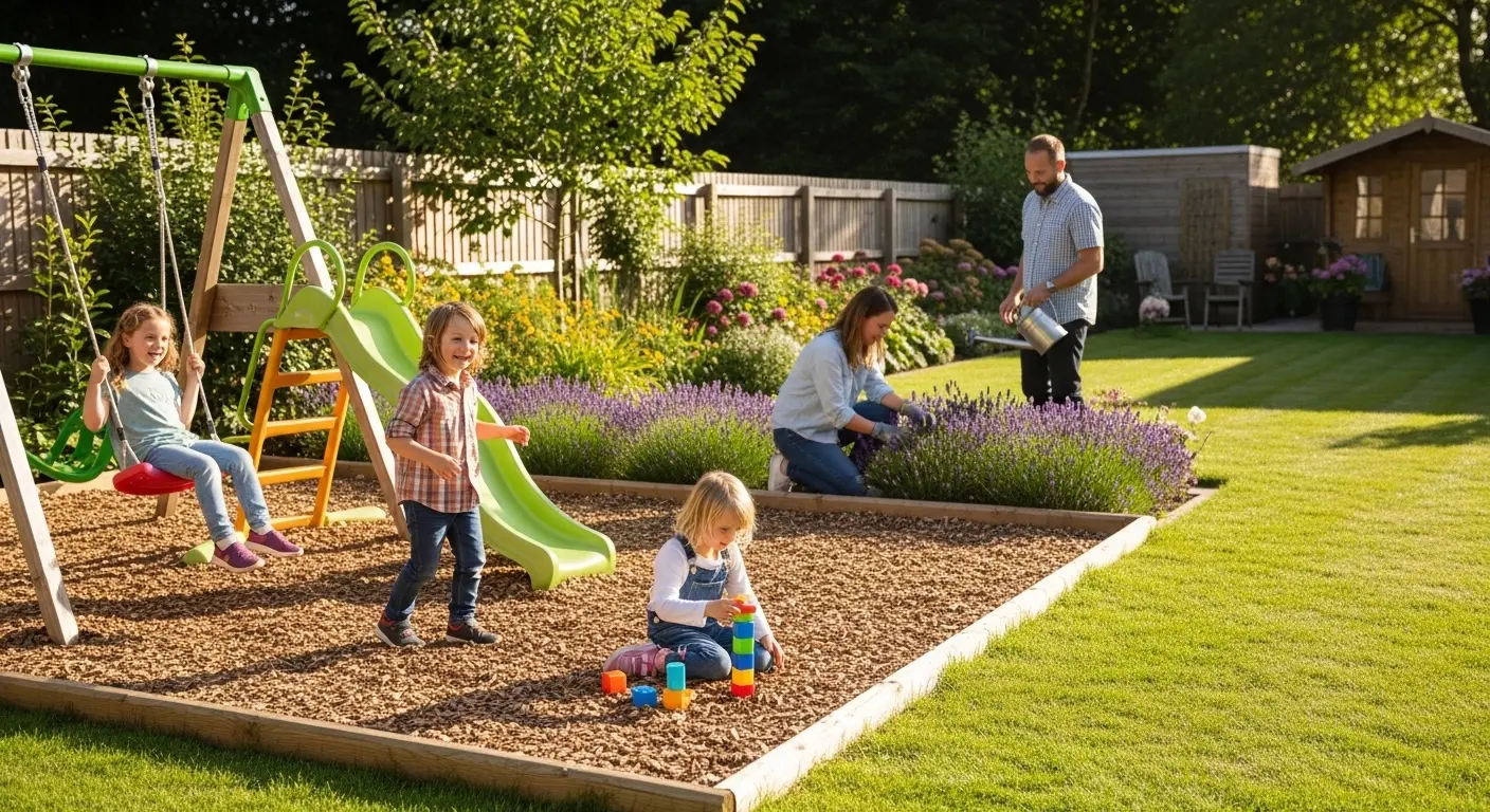 Enfants jouant dans un jardin entretenu avec une zone de paillage protectrice contre les tiques