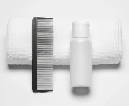 Peigne anti-poux à dents métalliques et flacon de lotion anti-poux sur fond blanc épuré