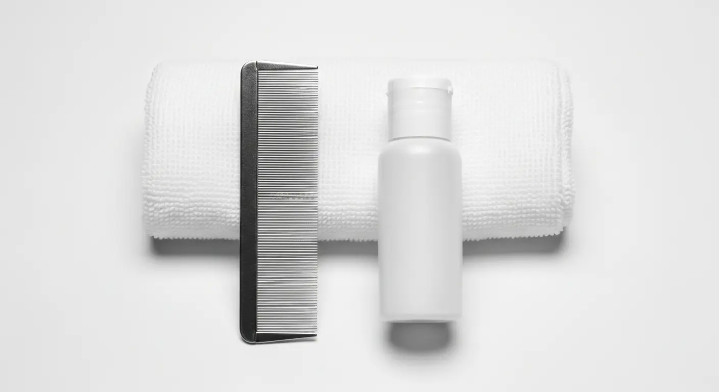 Peigne anti-poux à dents métalliques et flacon de lotion anti-poux sur fond blanc épuré