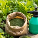 Utiliser les algues marines au jardin : sac de poudre d'algues et pulvérisateur de jardin posés sur un potager fertile