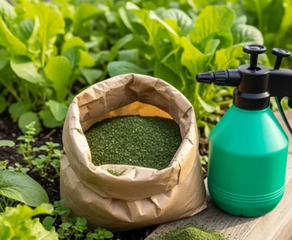 Utiliser les algues marines au jardin : sac de poudre d'algues et pulvérisateur de jardin posés sur un potager fertile