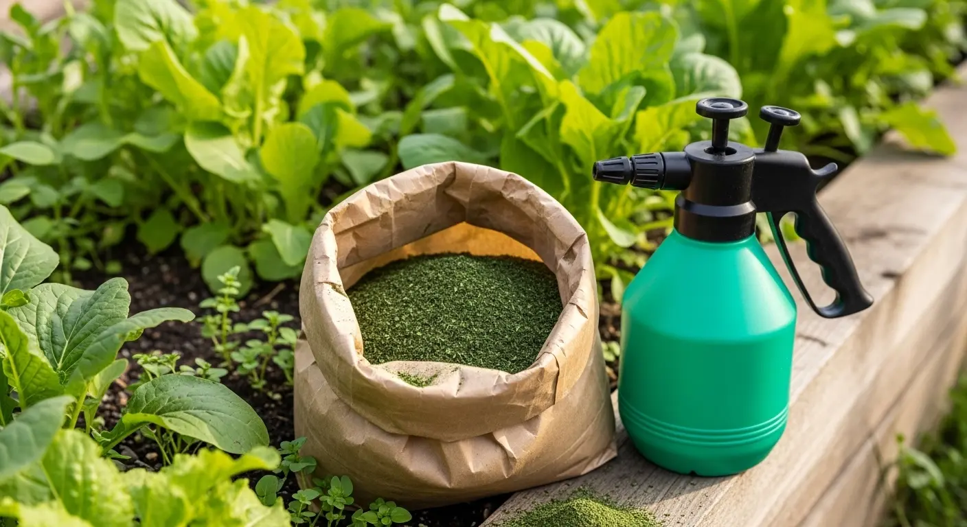 Utiliser les algues marines au jardin : sac de poudre d'algues et pulvérisateur de jardin posés sur un potager fertile